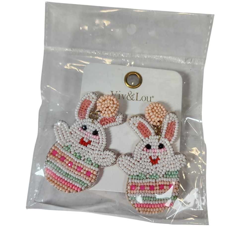 Viv & Lou Hoppy Easter Bunny Beaded Drop Earrings Pink White Pastel HOPPY